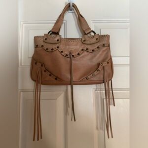 Carla Mancini Genuine Leather Tan Satchel with Studs & Fringe - “Boho Vibe”!